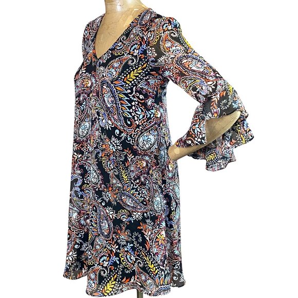 Calvin Klein Paisley/Floral Chiffon Shift Dress Ruffle Bell Sleeves Sz 2 #311M - Picture 3 of 8